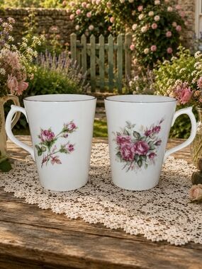 Vintage Rose Print Mugs Set Of 2 Connoisseur Fine Bone China England Pink Roses